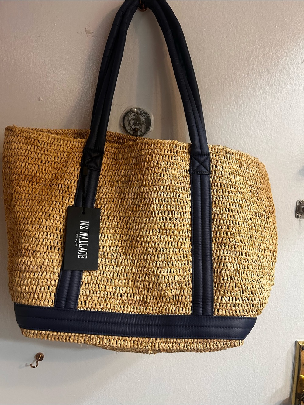 MZ Wallace medium Raffia Tote with Navy Trim- nwt